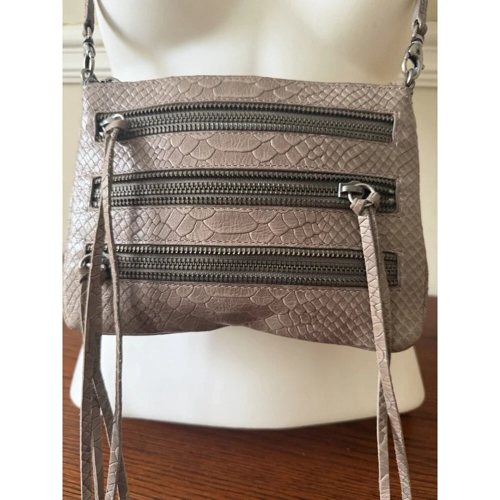 Rebecca Minkoff 3-Zip Crossbody Bag Taupe Grey Snake Embossed Leather Fringe